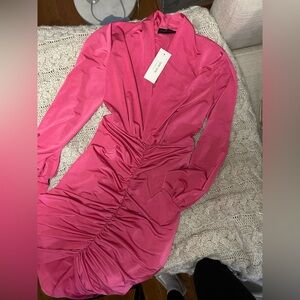 Hi-lo Pink Long Sleeve Ruched Dress